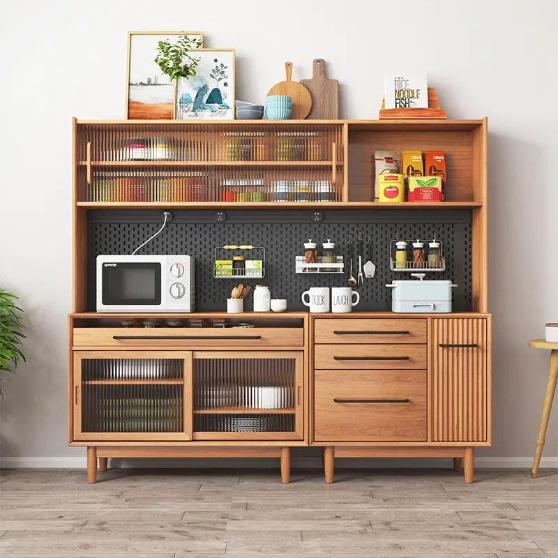 Nordic Solid Wood Dining Side Cabinet Japanese Style Cherry Wood Wall Locker with Pegboard High Tea Wine Bowl Storage Cabinet