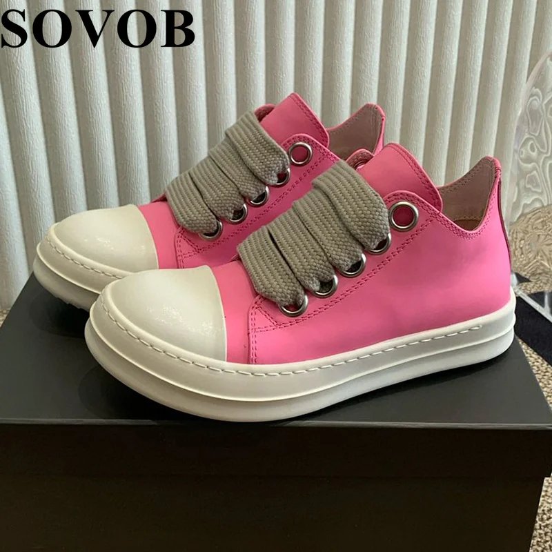 Spring  Autumn Low Help Genuine Leather Flat Shoes Thick Soled  Color Blocking Board Shoes Daily Versatile Casual Shoes Unisex