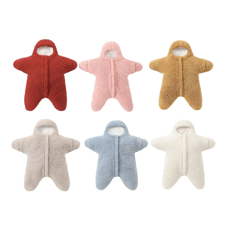Baby Star Shaped Jumpsuit, Thickened Winter Warm Swaddles Wrap, Skin‑Friendly Fleece Zipper Infant Sleeping Blanket for 15UB