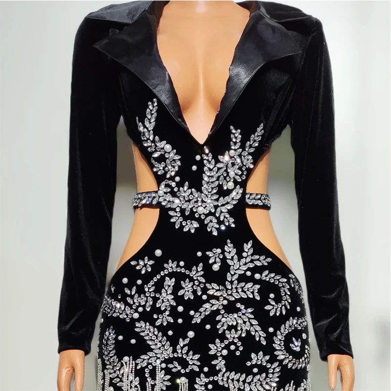 Black Velvet Rhinestones Fringed Dress Women Sexy Cutout Party Evening Dresses Festival Outfit Stage Jazz Dance Costume XS7866