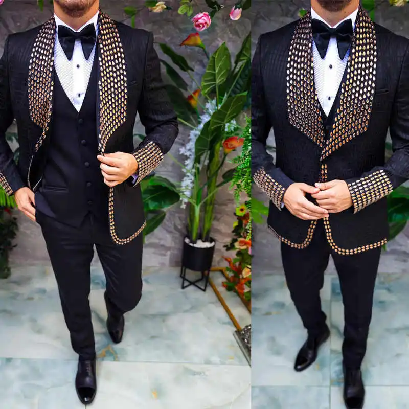 

Luxury Striped Mens Suit 3 Pieces Jacket Pants Vest Shawl Lapel Crystal Special Occasions Party Wedding Customized