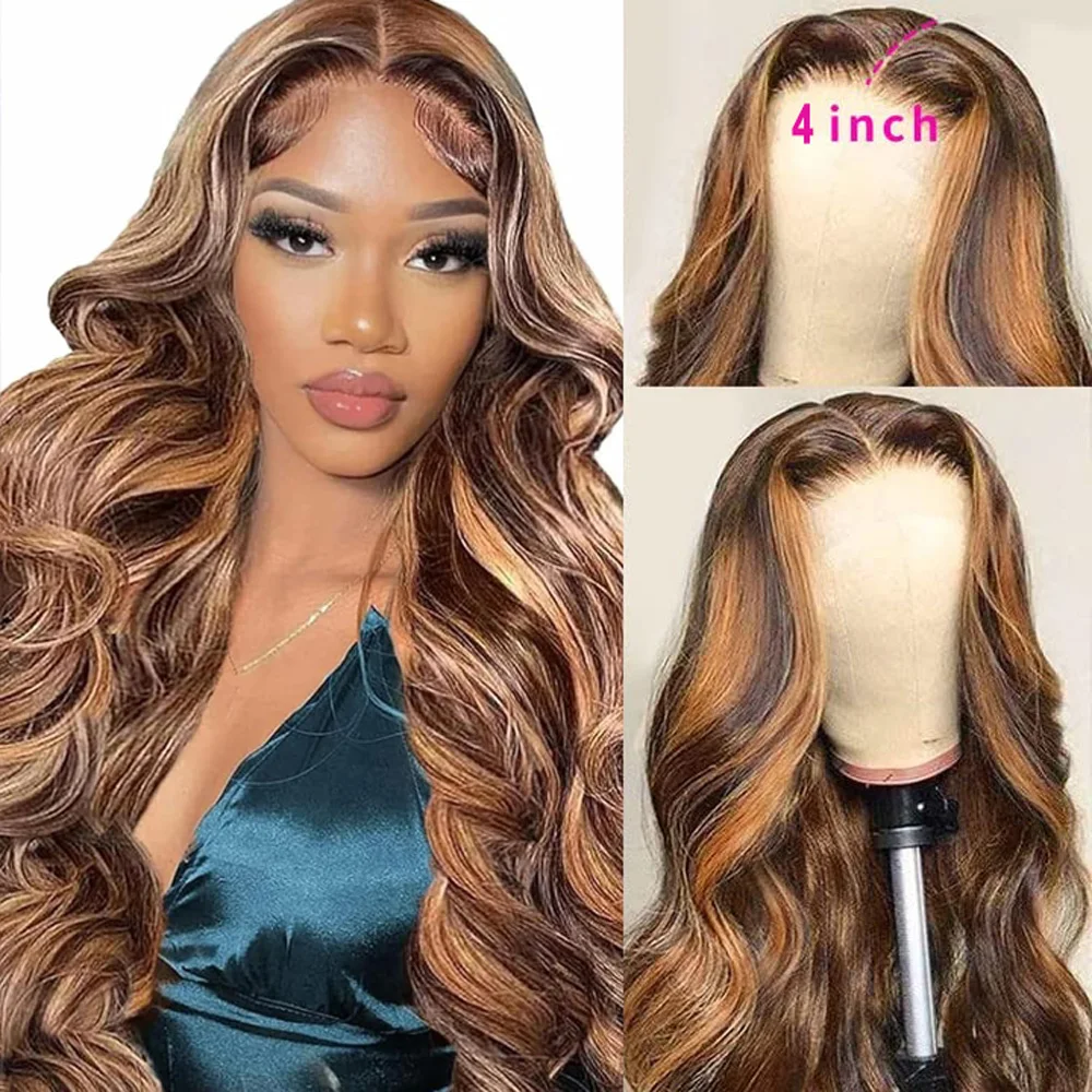 Evidenziare P4/27 13x4 onda del corpo HD trasparente parrucche anteriori in pizzo capelli sintetici Ombre miele biondo onda del corpo parrucche frontali in pizzo