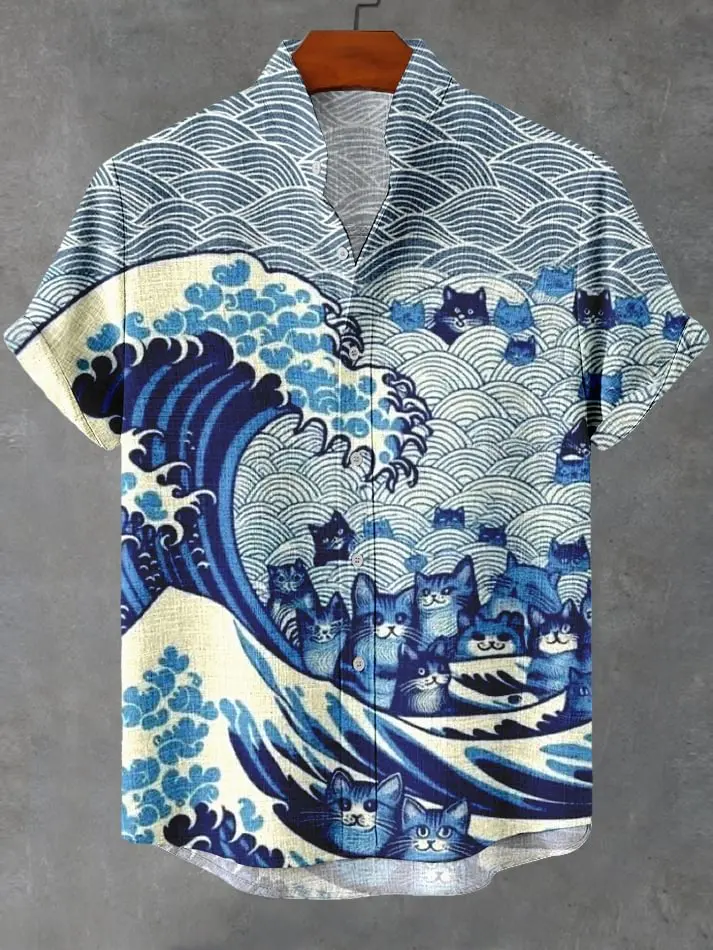 Camisa havaiana com estampa de gato engraçado masculino, camisa havaiana com estampa completa 3d para homens e mulheres, verão, manga curta, lapela, camisa aloha