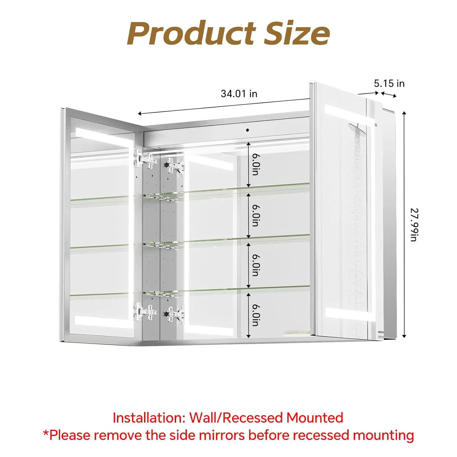 #LED Medicine Cabinet with Mirror Dimmable 3 Color Temp Anti-Fog Built Outlets Aluminum Recessed/Wall Mount 34x28
