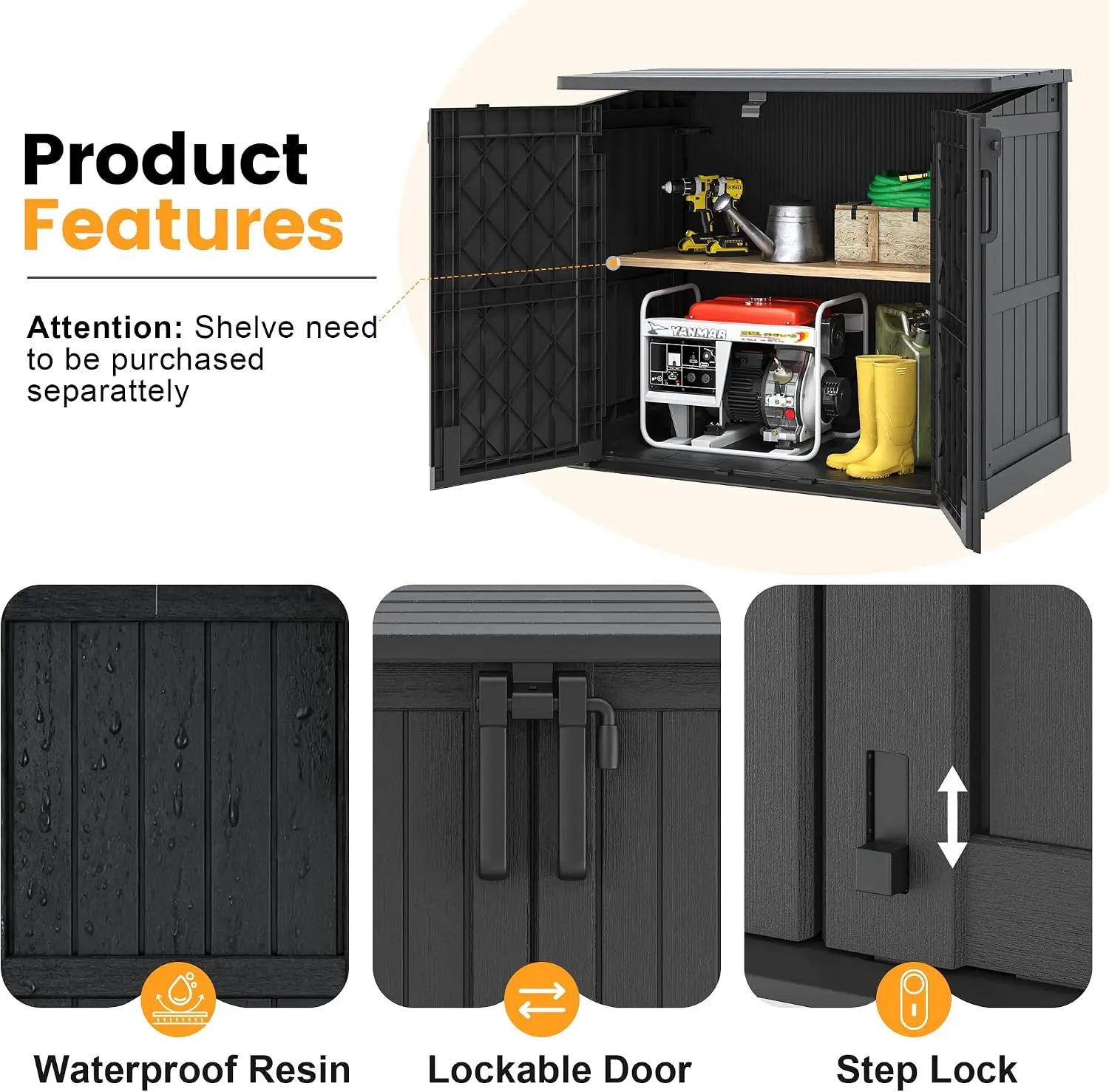 Backyard Patios Black Horizontal Resin Outdoor Storage Shed Cabinet Box 37 Cu Ft Lockable Doors Portable Easy Assemble Waterproo