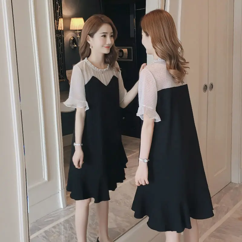 الحلو تكدرت الرقبة البولكا نقطة وهمية قطعتين فستان كاجوال الملابس النسائية 2025 صيف جديد فضفاض فراشة كم فساتين صغيرة