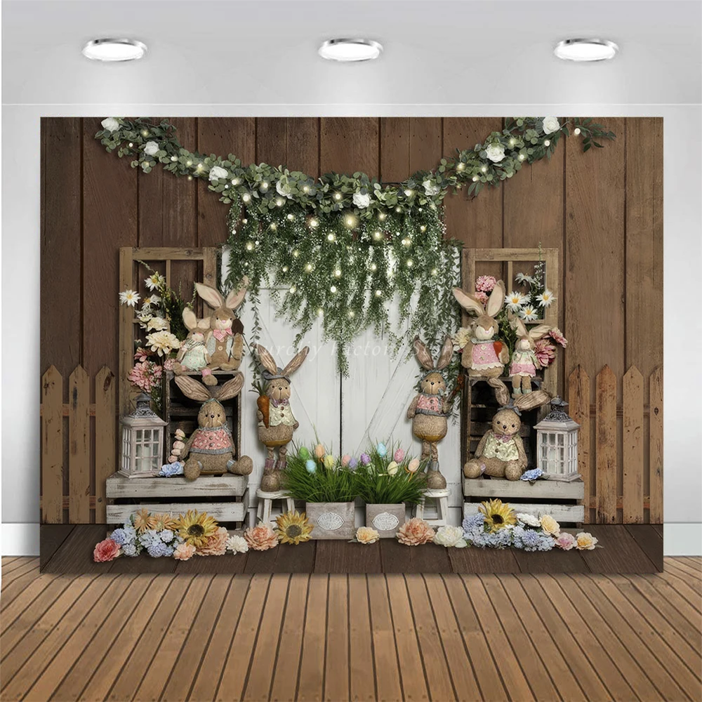Retro Easter White Barn Bunny Background Photo Wooden Door Cake Smash Kids Party Decor Spring Grass Rabbit Flower Backdrop