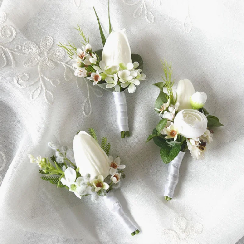 สีขาว Boutonniere ข้อมือ Corsage เพื่อนเจ้าสาวงานแต่งงานตกแต่งเจ้าสาวดอกไม้อุปกรณ์เสริม de mariage