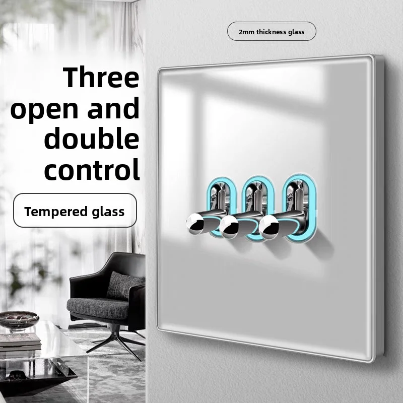 

86 Type Tempered Glass Toggle Switch With Led Indicator Light 2.5d Tempered Glass Panel Household 2mm Ultra-Thin Wall Switch