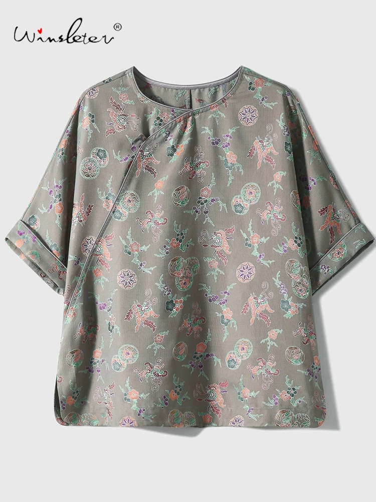 

Winsleter-26.7%Silk 73.3%Viscose Elegant T-shirt, Woman 3/4 Sleeve Jacquard, Retro Commute Loose Top, 2025 Summer New T58232CC