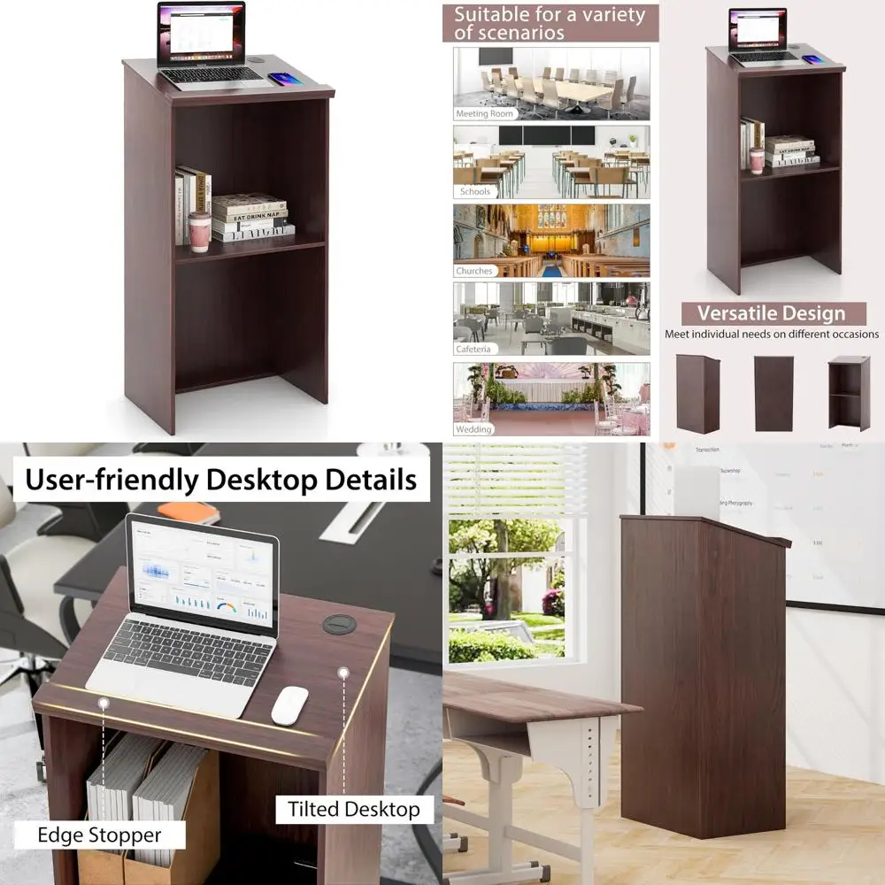 

Деревянная напольная кафедра с двухуровневыми полками и двумя отверстиями для кабеля, идеально подходит для говорящих и хост-походов.