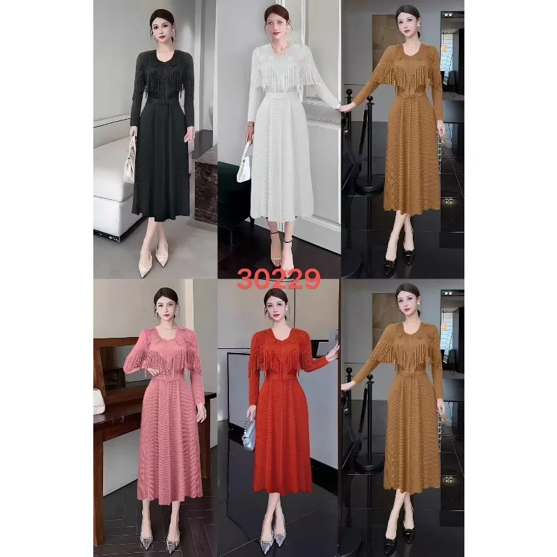 مطوي تمتد حجم كبير فستان مياكي الخريف موضة شرابة الأزهار فضفاضة المرأة فساتين طويلة مساء ملابس مكتب الحفلات أوروبا