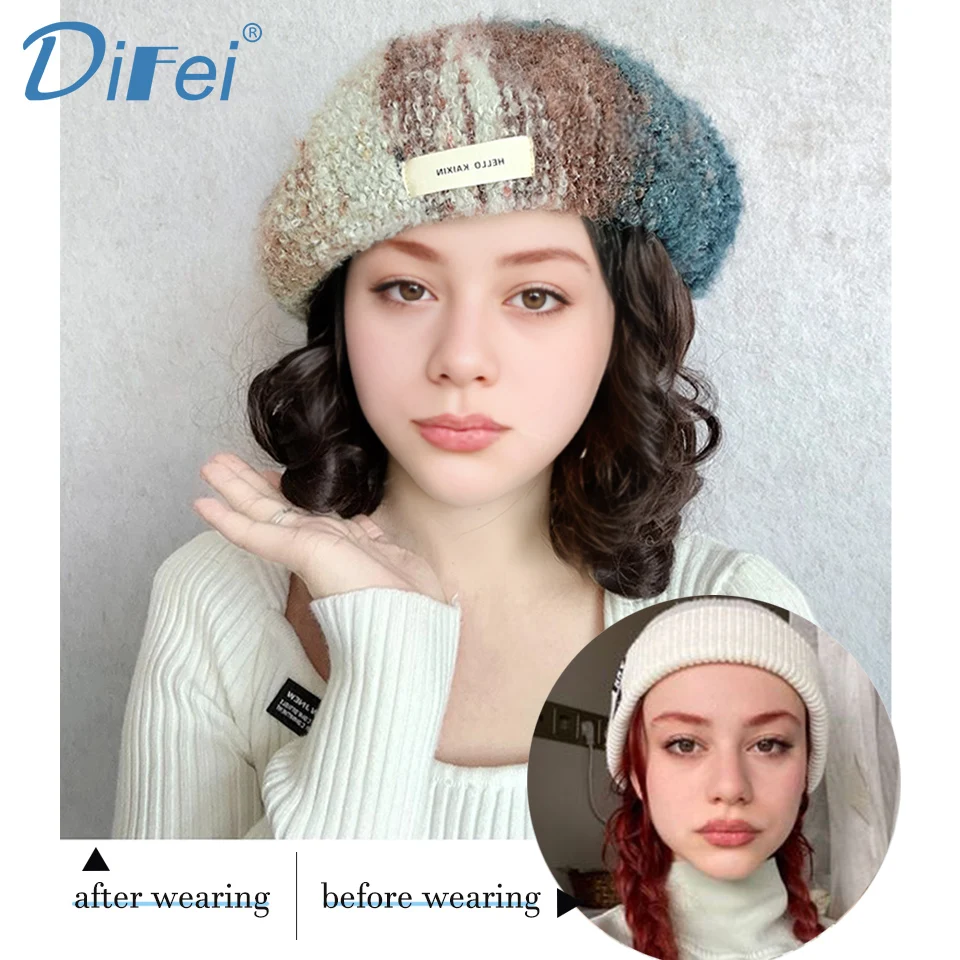 DIFEI Synthetic Wig Female Short Curly Hair Hat One Wig Rainbow Oil Painting Style Beret Lazy Fashion Short Roll One Wig