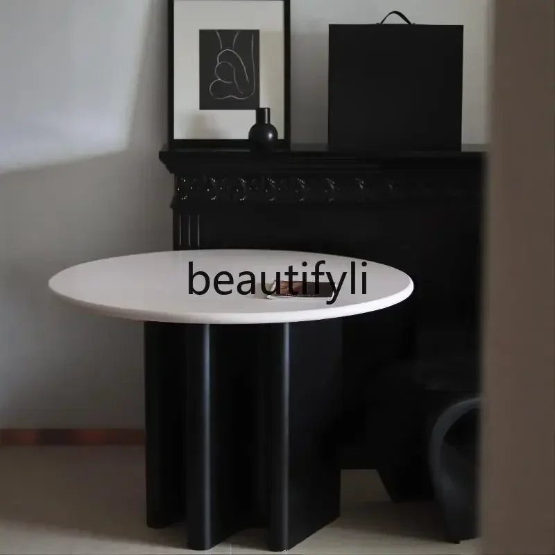 

Round table dining table cream white wood French modern high-end table