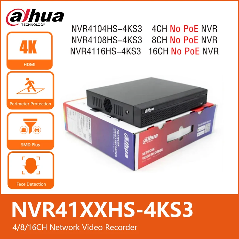 Dahua NVR4104HS-4KS3 NVR4108HS-4KS3 NVR4116HS-4KS3 4/8/16CH P2P Compact 1U 1HDD 4K No PoE AI &H.265 ONVIF Network Video Recorder