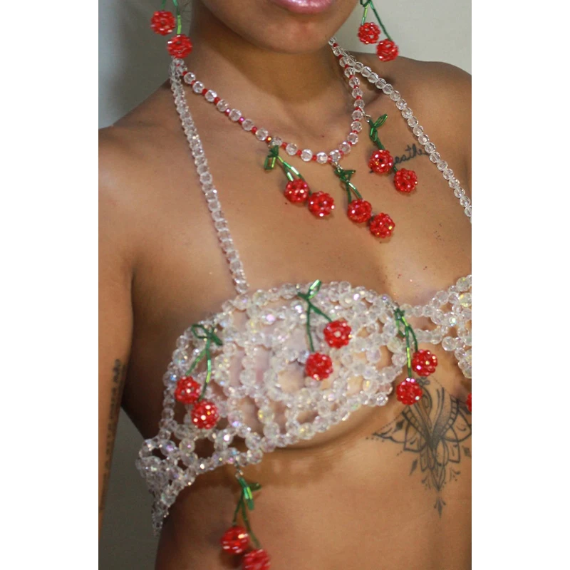 2026 New Arrival Women Handmade Gemstone Bikini Bralette Crystal Body Chain Bra Cherry Bead Top