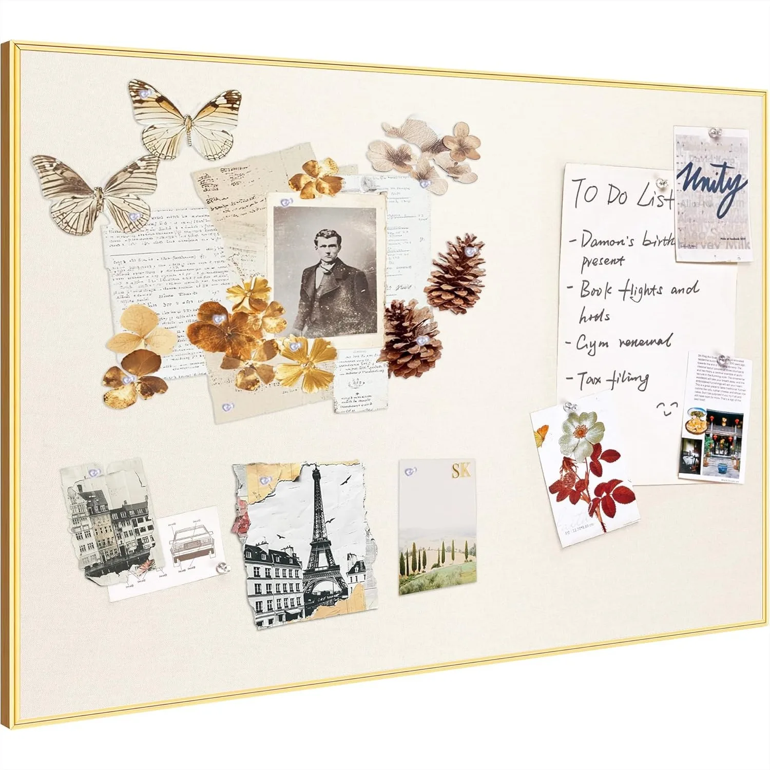 

Fabric Bulletin Board 40x30 Inches, Oatmeal White Pin Board with Golden Aluminum Frame, Self-Healing Surface for Home Office