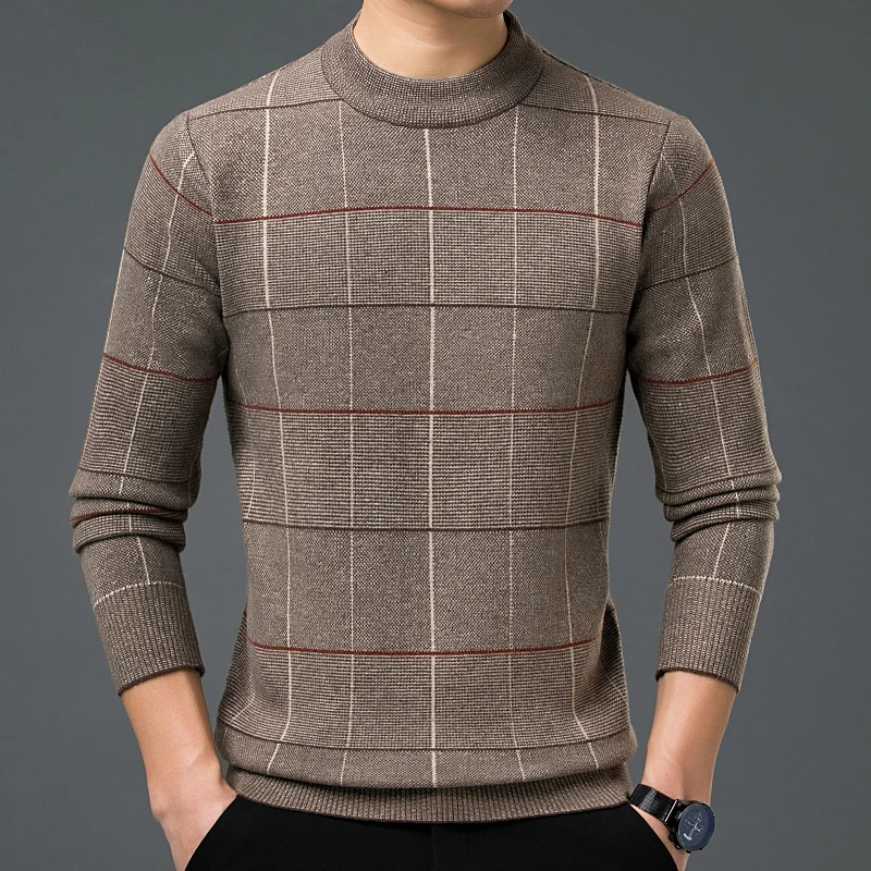 New Sweaters Warm Men's Knitted Sweater Slim Fit High Quality Round Neck Plaid Printed Sweaters