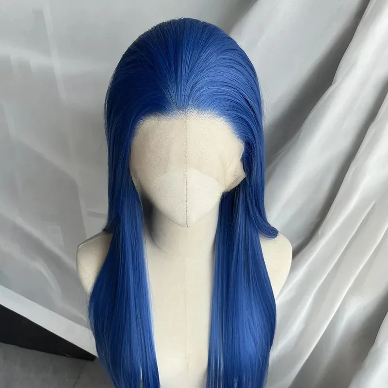Zizi 2025 Royal Blue Lace Front 13*4 pelo largo liso fibras resistentes al calor peluca sintética de alta calidad pelucas Cosplay Jinx