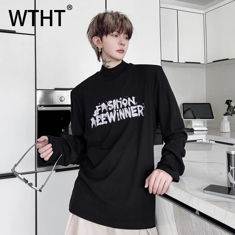 

WTHT Fashion Men's Letter Print Contrast Color Casual T-shirts Trendy Long Sleeves Turtleneck Tops Male 2025 Autumn 2A1442