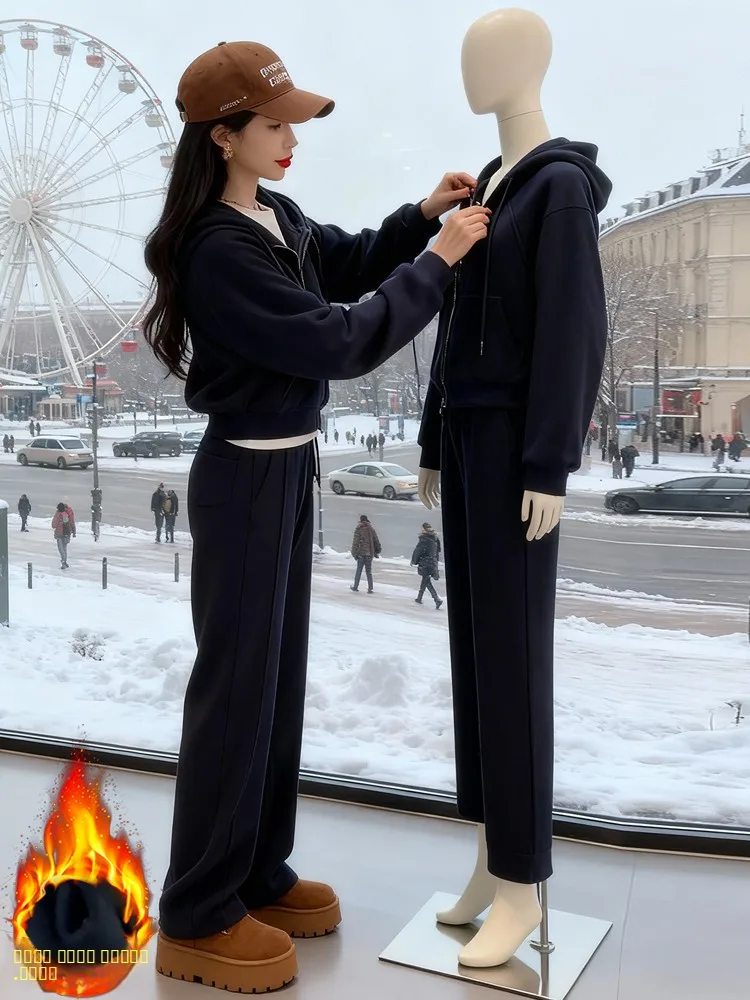 

Женский спортивный костюм с флисовой подкладкой: брюки с высокой талией и широкими штанинами, комплект из двух предметов, осенне-зимний новый стиль, худи на молнии