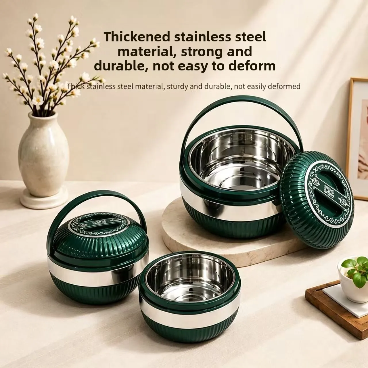 3pcs Portable Thermal Food Warmer Set with Handle 3L/6L/12L Stainless Steel Hot Pot SA Lunch Box Food Storage Container