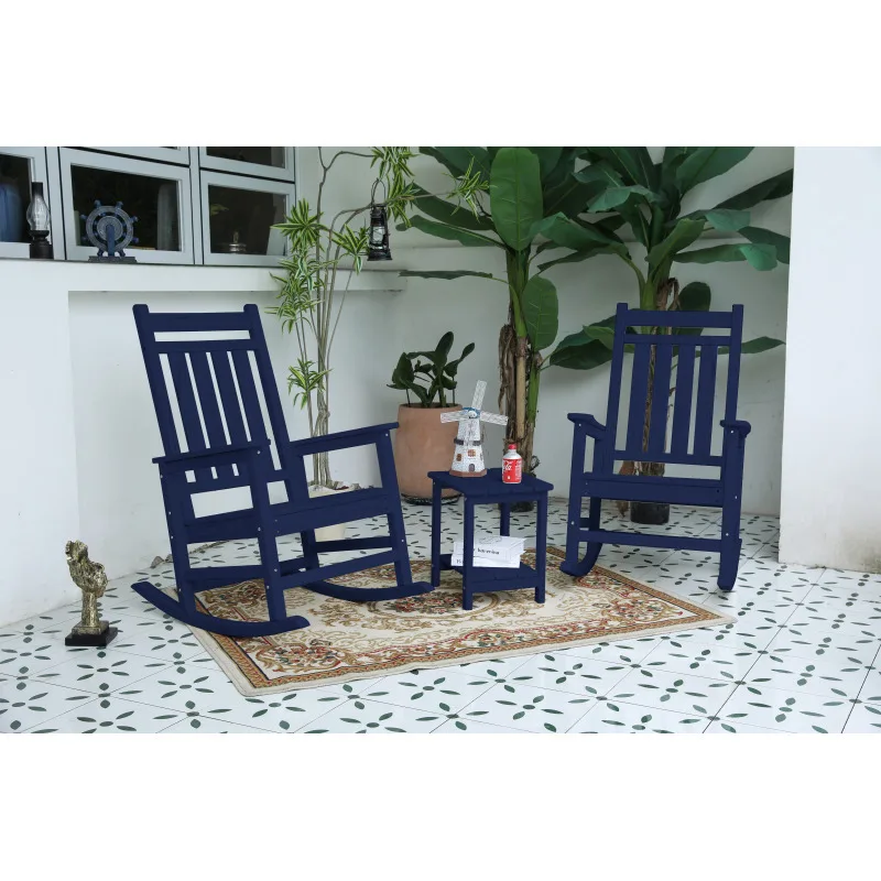 

All Weather Rocking Chair Side Table 3-piece Rocking Chair Wood-texture Navy Blue(includes 2 Rocking Chairs And 1 Table)