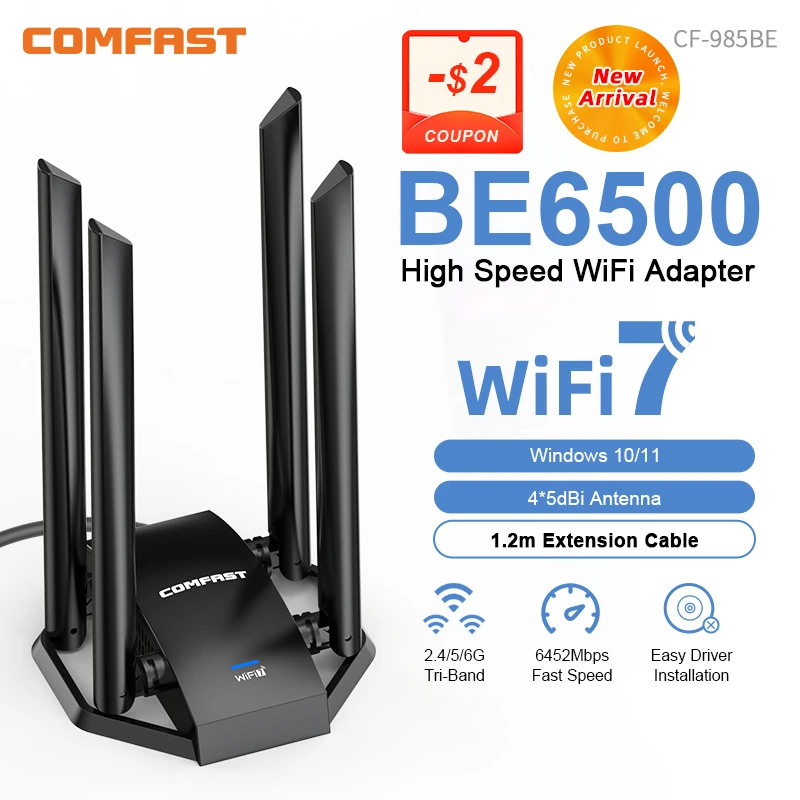 

WiFi 7 BE6500 USB Adapter 2.4G/5.8G/6G Antena Wifi7 Network Card WPA3 Adaptador Ethernet placa wifi Driver-Free For PC Win10/11