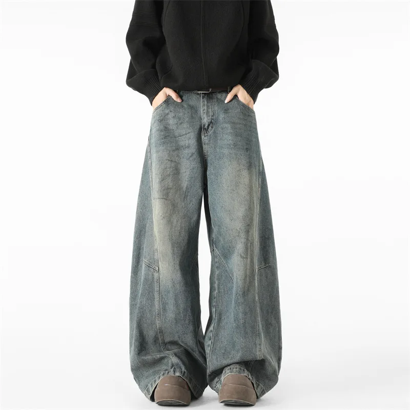 

2026 New Retro Washed Men's Jeans Korean Fashion High Street Wide Leg Pants Japan Streetwear Casual Denim Baggy Pants Y2k