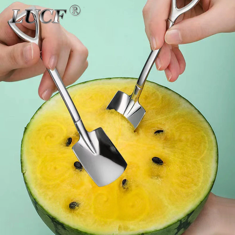 4pcs Combo Set Creative Dessert Spoons Melon Scoops Fruit Forks Mirror Stainless Steel 18/10 Cute Shovel Spatula Ice Cream Tool