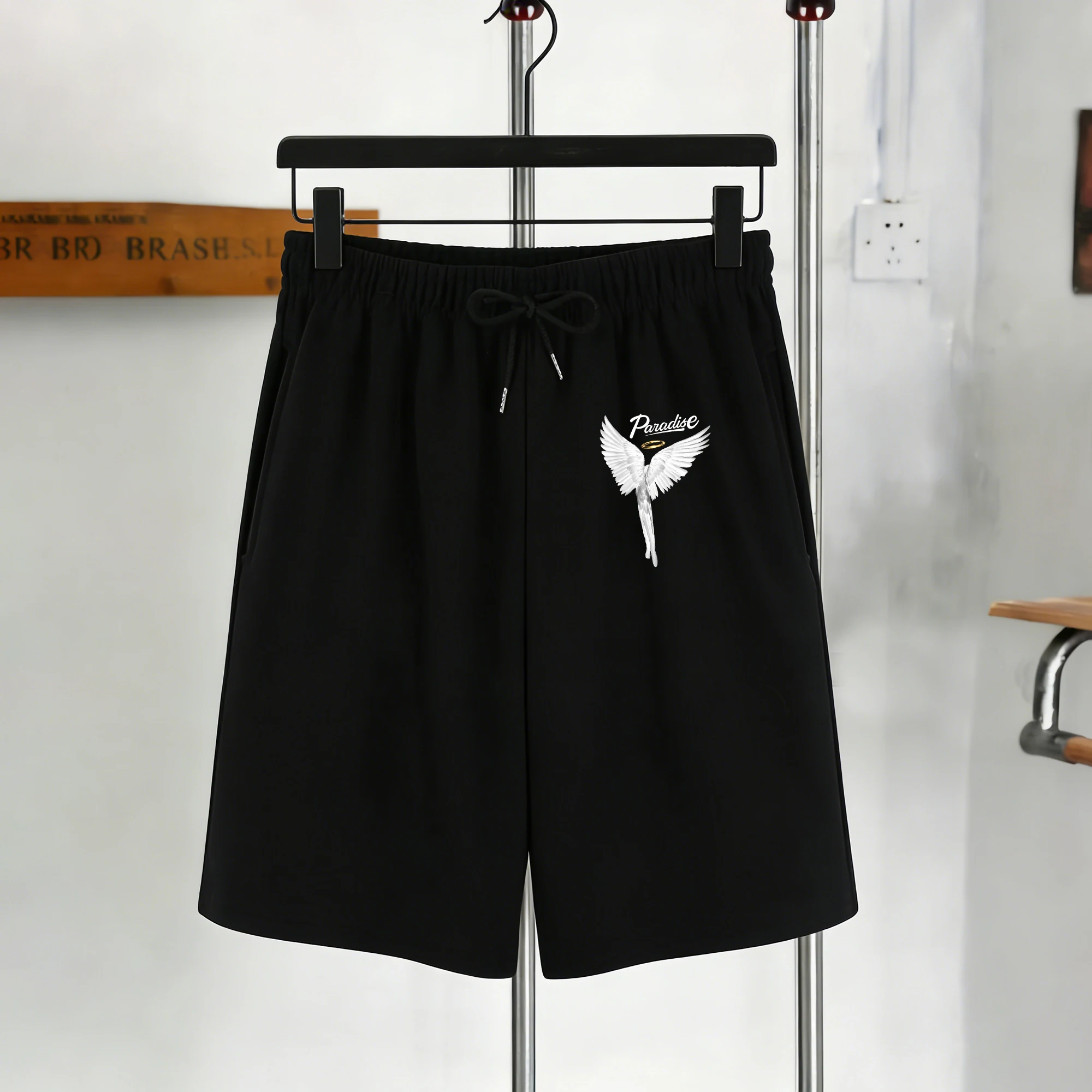 

A Pair Of Pure White Wings Pocket Pants Men Summer Drawstring Shorts Black All-Match Sweatpants Unisex Loose Basics Sportwear
