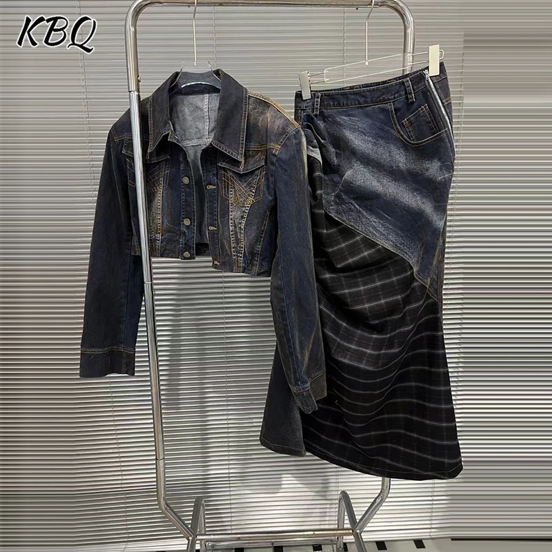 

KBQ Designer Slimming Two Piece Sets For Women Lapel Long Sleeve Denim Top High Waist Long Skirt Casual Set Female Fashion New