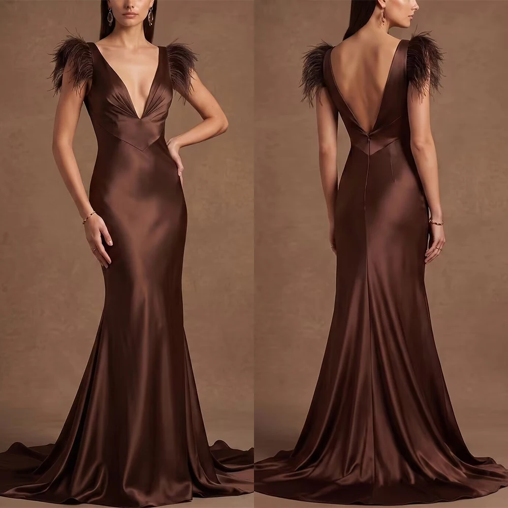 High Quality Customized V-neck Floor Length Sweep Train Brown Feather Elegant Dress Women for Wedding Party فساتين حفلات التخرج