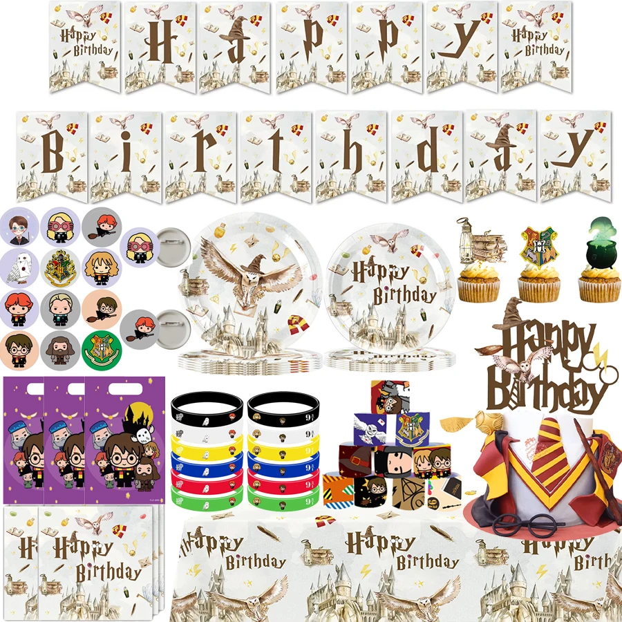 Artículos para Fiestas de Cumpleaños con Temática de Harry Potter - Vajilla, Vasos, Platos, Mantel, Adorno para Pastel, Bolsa de Regalo, Fondo para Niños y Baby Shower