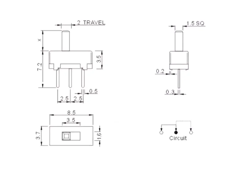 20Pcs SS12D00 Interruptor ON-OFF MINI Slide Switch 3Pin 1P2T 2 Position High Quality Toggle Switch Handle Length:2MM/3MM/4MM/5MM