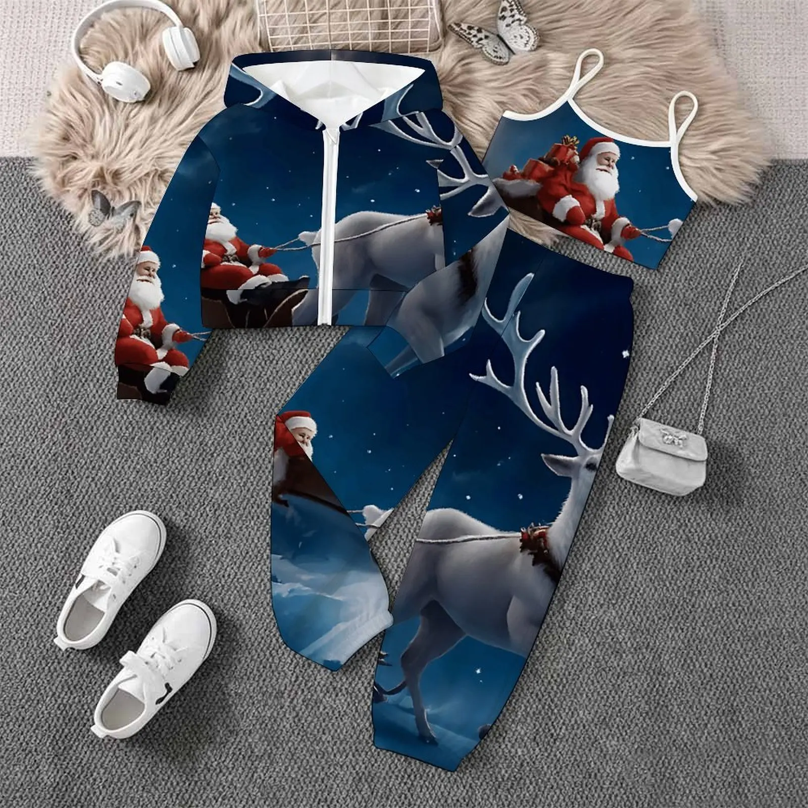 Children's Christmas Long Sleeve Coat Autumn Girls Casual Set Fashion Print Jogger Pants Kids Zip Tops Three-piece Suit