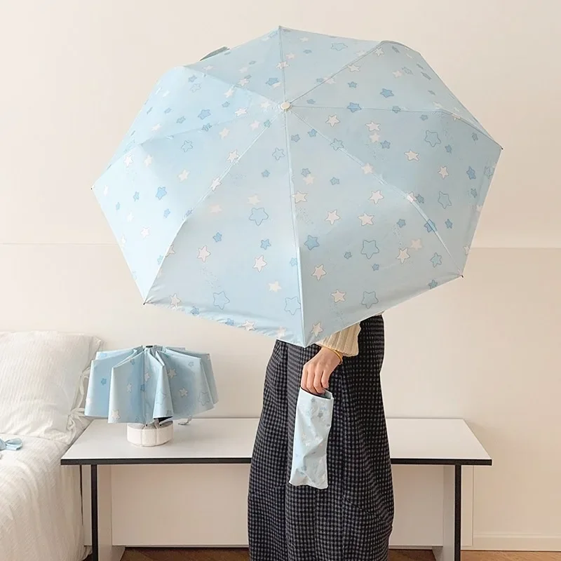 Blue Star Print Umbrella for Women Rain‑Sun Dual‑Use Folding UV Protection Sun Shade Parasol