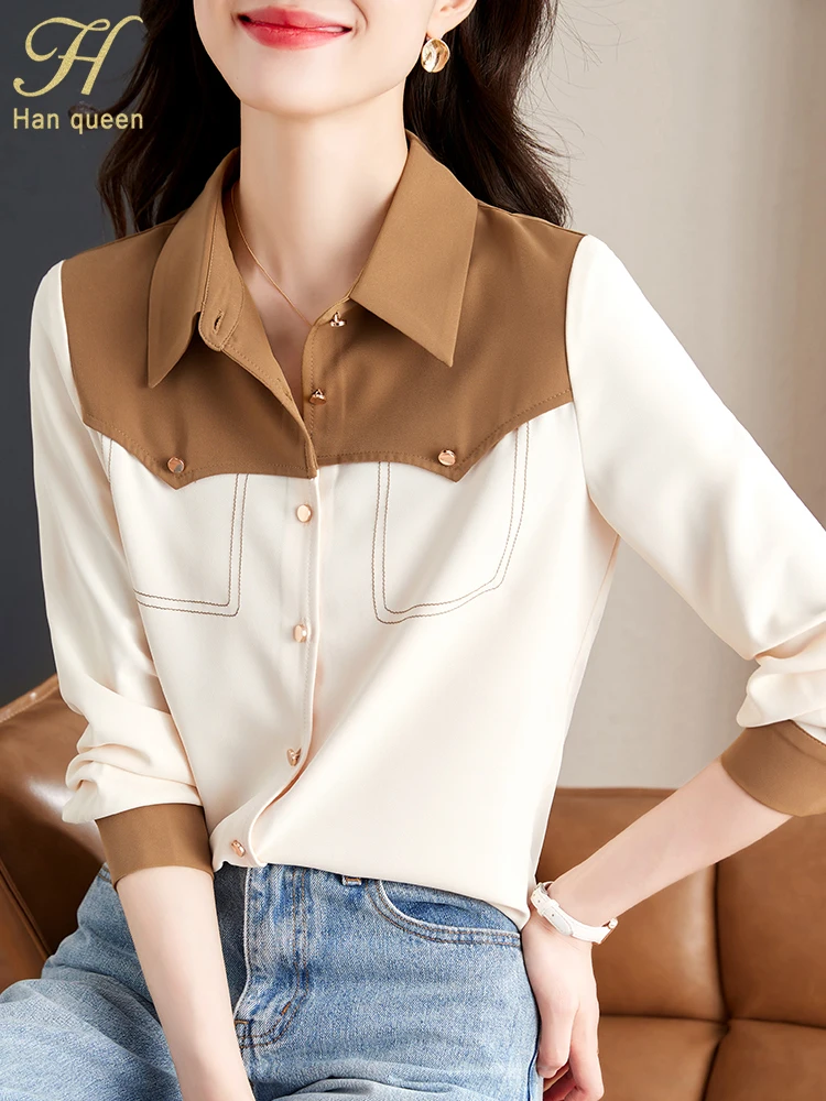 H Han Queen Autumn Colorblocking Career Blusas Turn-Down Collar Vintage Tops Elegant Chiffon Blouses Loose Casual Shirts Women