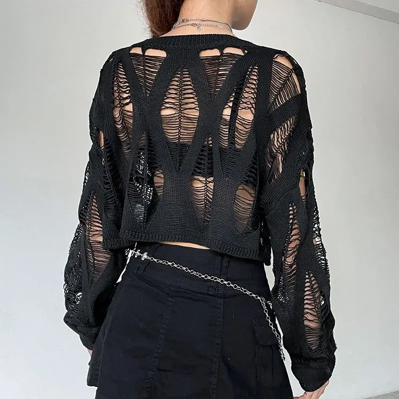 Hollow Out Pullovers Women Black Autumn Streetwear Personality Casual Loose Korean Style Fashion Solid Sexy Knitwear New Grunge