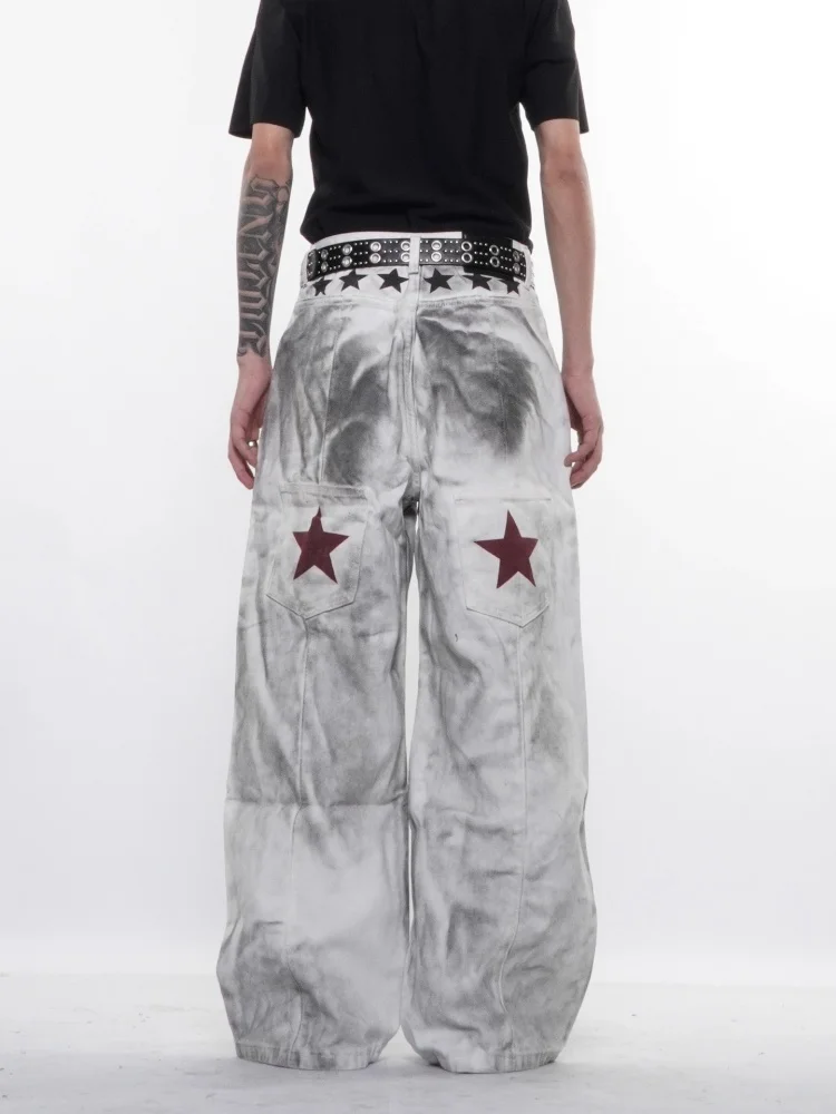 2026 American Retro Y2K Style Dirty Washed White Baggy Jeans Pants For Men Clothing Star Printed Straight Cotton Long Trousers view 6
