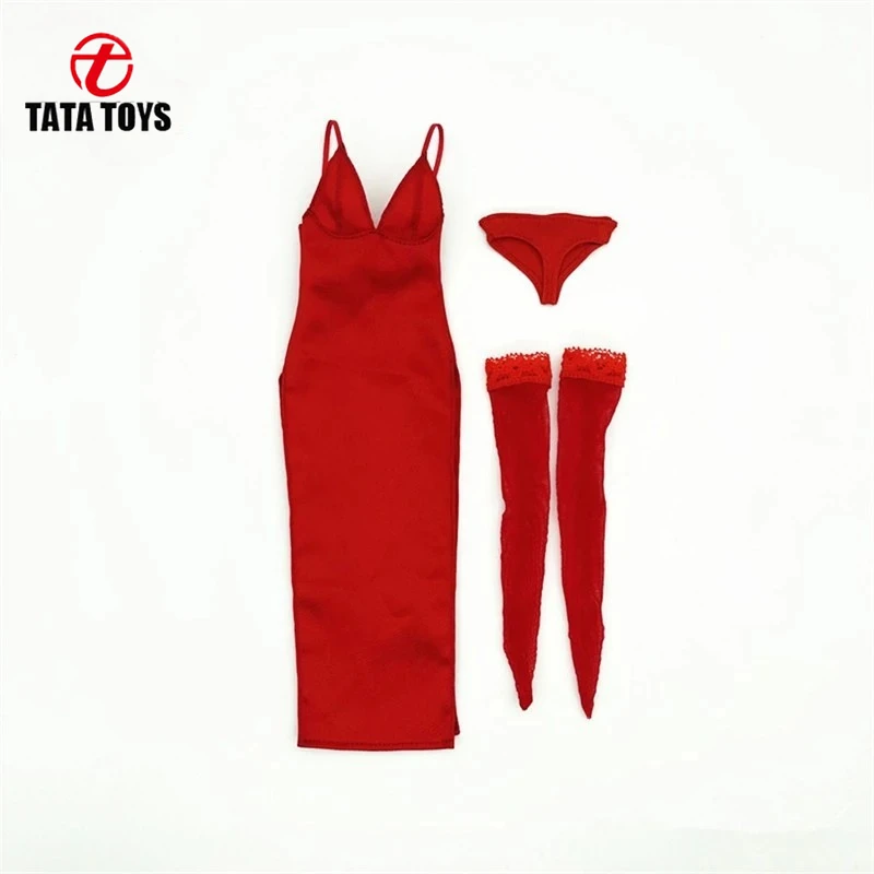 

1/6 Scale female dolls clothes dress Sexy suspender cheongsam red long evening gown fit 12'' action figure body model