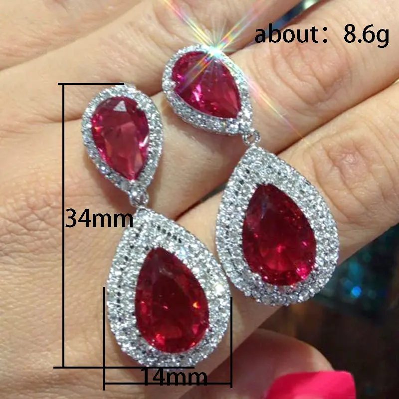 Luxury Pear Shape Red CZ Drop Earrings Women for Wedding Anniversary Party Silver Color Sparkling Hanging Earring Luxury Jewelry