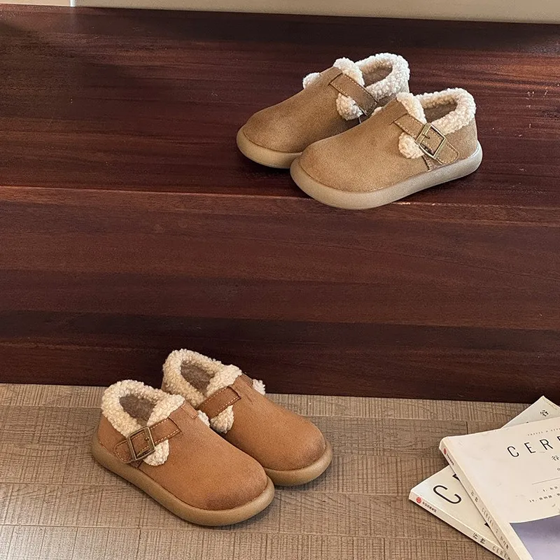 

Boys Girls Plush Lining Leather Shoes with Buckle 2025 New Winter Toddler Warm-lined Casual Flats Soft Sole Simple School Shoes