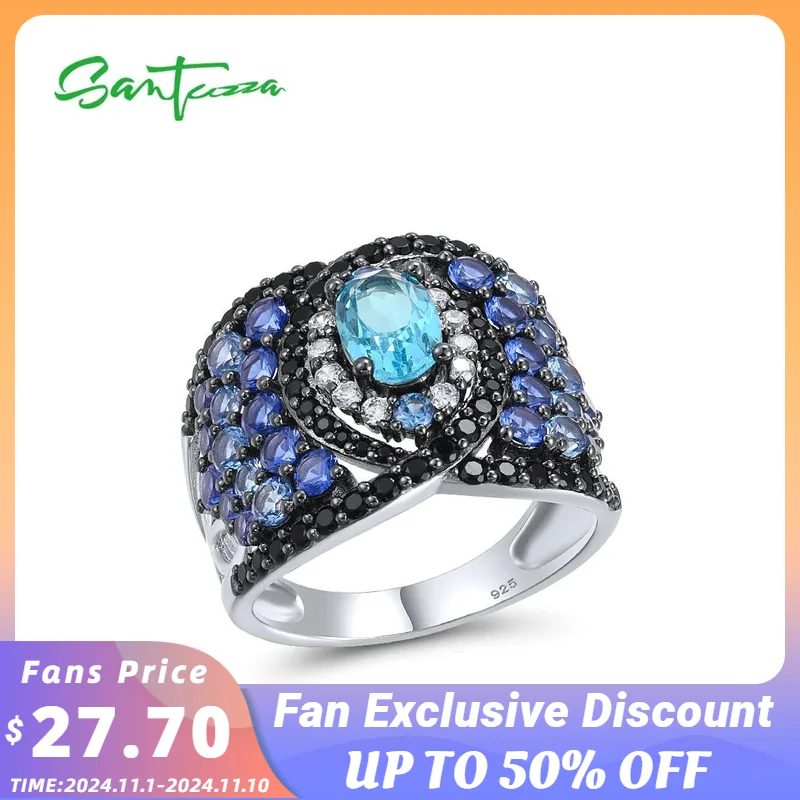 

SANTUZZA Real 925 Sterling Silver Solitaire Ring For Women Sparkling Blue And Black Spinel White CZ Gorgeous Party Fine Jewelry