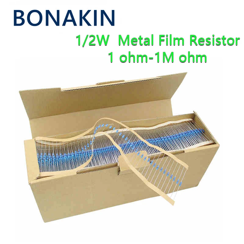 50 pz 1/2W resistore a film metallico 1R ~ 2.2M 100R 220R 330R 1K 1.5K 2.2K 3.3K 4.7K 10K 22K 47K 100K 100 220 330 1 k5 2 k2 3 k3 4 k7 ohm