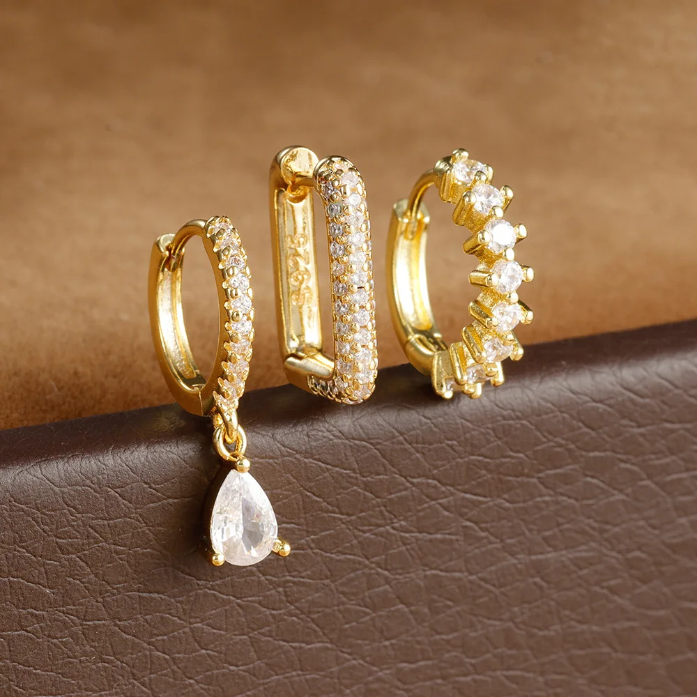 3PCS Exquisite Geometry U-shaped Earrings Set for Women Vintage Gold Color Elegant Zircon Hoop Earrings Winter Jewelry Gifts