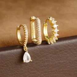 3PCS Exquisite Geometry U-shaped Earrings Set for Women Vintage Gold Color Elegant Zircon Hoop Earrings Winter Jewelry Gifts