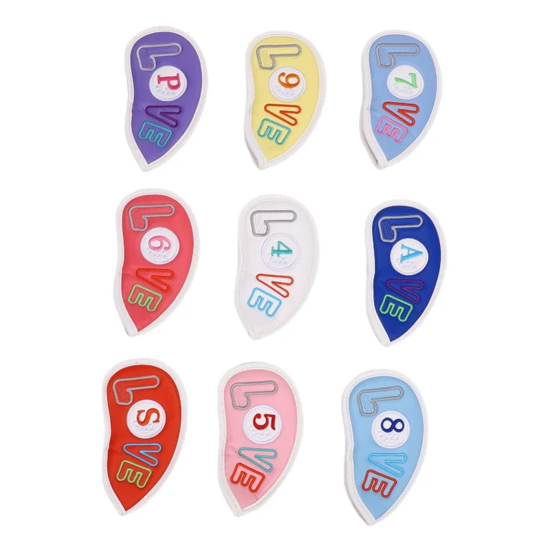 9 Pcs Club Iron Head Cover Set Colorful Embroidery PU Leather Short Velvet Club Iron Protective Covers
