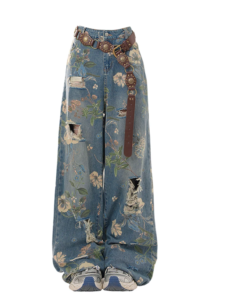 Women Y2k Graphic Print Ripped Jeans Baggy Harajuku 90s Aesthetic Denim Trousers Vintage Japanese 2000s Style Trashy Jean Pants