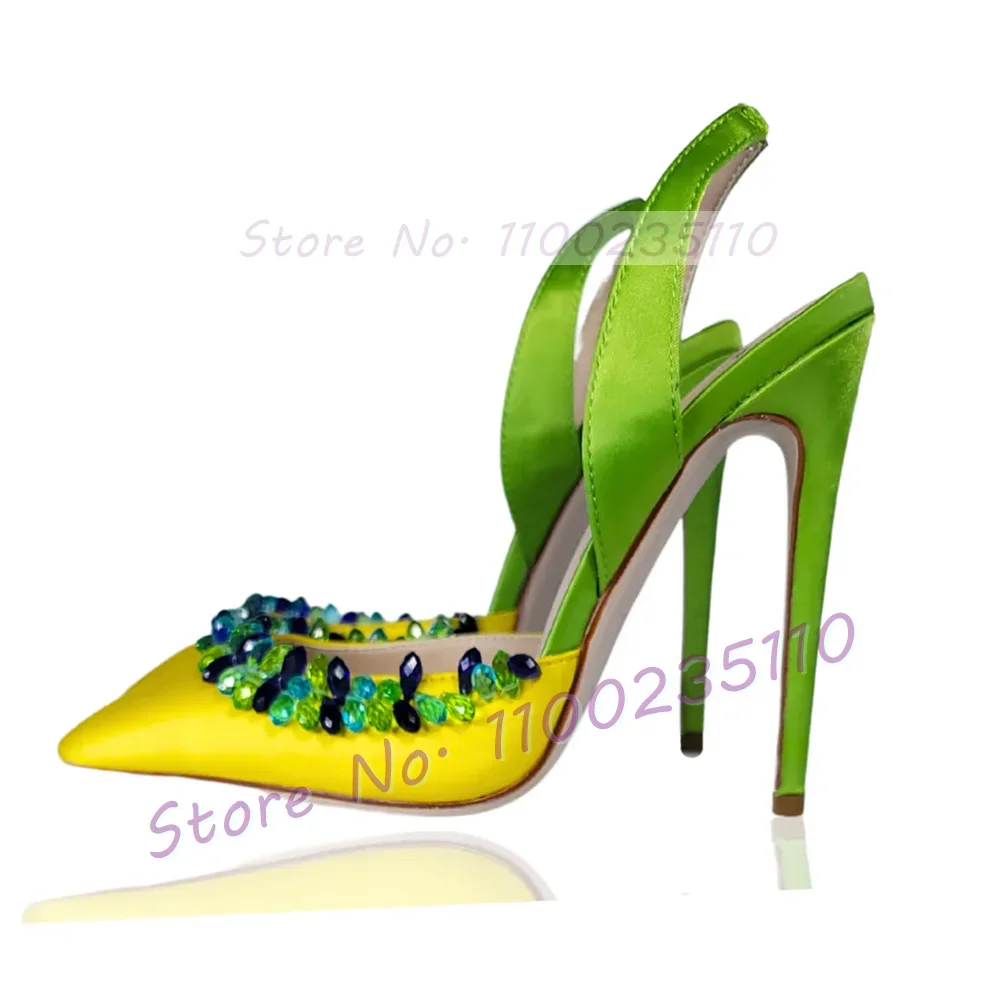 صندل من الساتان الأنيق بزخرفة كريستالية باللون الأزرق للنساء ، حزام خلفي ، أحذية حفلات بكعب عالي ، حذاء نسائي أنيق مدبب من الأمام ، فاخر ، صيف